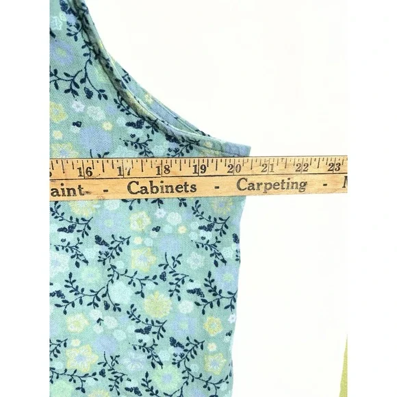 Sonoma Womens L Linen Tank Top Square Neck Tie Button Olive Blue Floral Boho - Picture 7 of 8